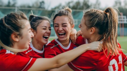 group of happy female soccer players in uniform celebrating a goal on the field