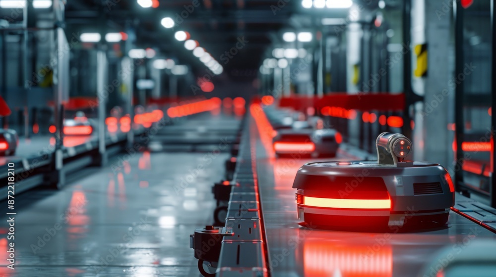Poster a close-up shot of a futuristic automated conveyor system in an industrial facility. the focus is on