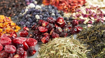 An assortment of dried berries and fruits commonly used to flavor herbal teas and infusions.