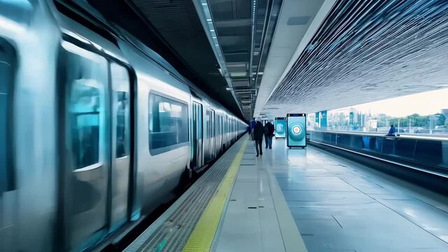 Modern Train Arriving at Platform in Urban Railway Station