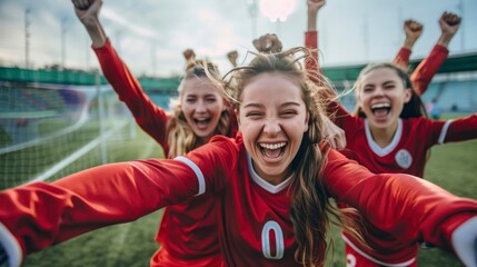 group of female soccer players celebrating a goal on the field