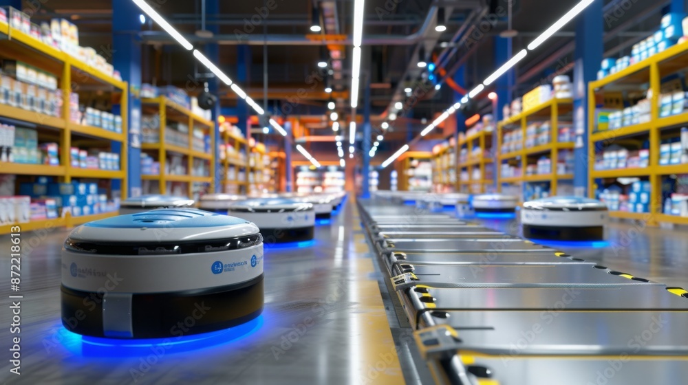 Aufkleber a line of automated warehouse robots on a conveyor belt, moving through a warehouse aisle lined with