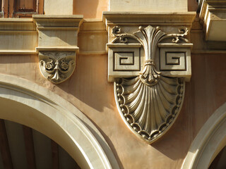 Historic architecture in Palma de Mallorca. Detail of ornamented corbels. Balearic Islands. Spain. 