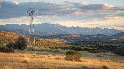 Obraz premium A serene landscape showcases a towering windmill standing as a silent sentinel over the golden plains and distant mountains bathed in the soft glow of a setting sun.
