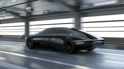 A black sports car drives through a tunnel, with a blurred background highlighting the speed of the vehicle.