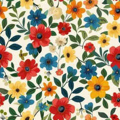 Seamless Floral Pattern of Vibrant Flowers and Green Leaves