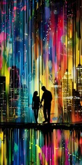 Figures in silhouette against a vibrant city skyline.