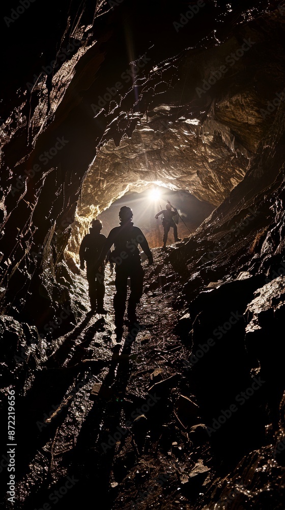 Poster figures in silhouette exploring a mysterious cave system