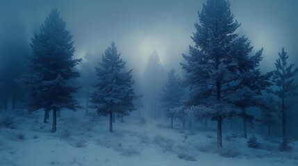 A mystical snowy forest shrouded in fog, with tall pine trees standing as silent sentinels in the wintry landscape.