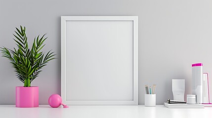 Minimalistic office mockup with a white desk, vibrant pink accents, and an empty white frame on a light grey wall in a widescreen format.