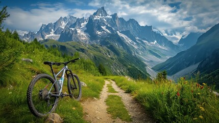 Fototapeta premium A mountain bike rests on a rugged trail, poised before a breathtaking view of sharp, snowy peaks under a clear blue sky