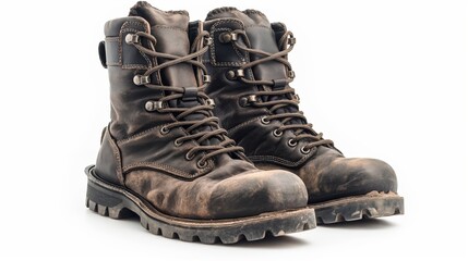 A pair of rugged, worn brown boots stand tall, showcasing their tough leather and durable design, perfect for enduring outdoor adventures.