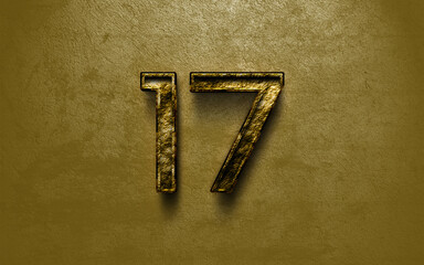 3D dark golden number design of 17 on cracked golden background.