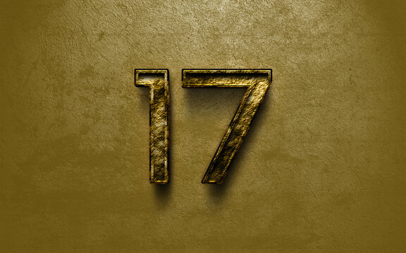 3D dark golden number design of 17 on cracked golden background.