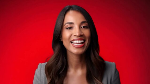 A businesswoman talking to camera set against a red backdrop