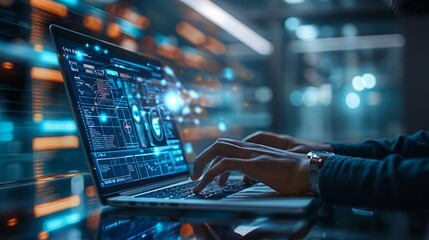 A man immersed in advanced data analytics on a futuristic interface, showcasing a blend of technology and expertise.