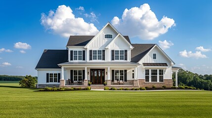 A modern two-story house stands proud under a bright sky, surrounded by a manicured green lawn