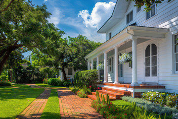A white house with a porch and steps leading up to it, generative ai image.
