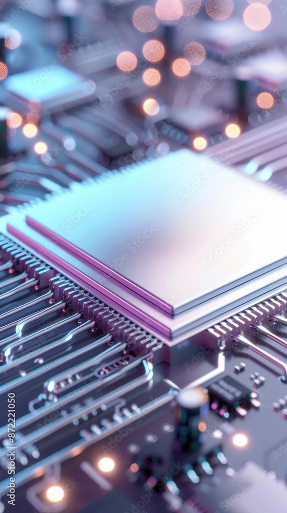 Poster a computer chip is shown in a close up with a blue background