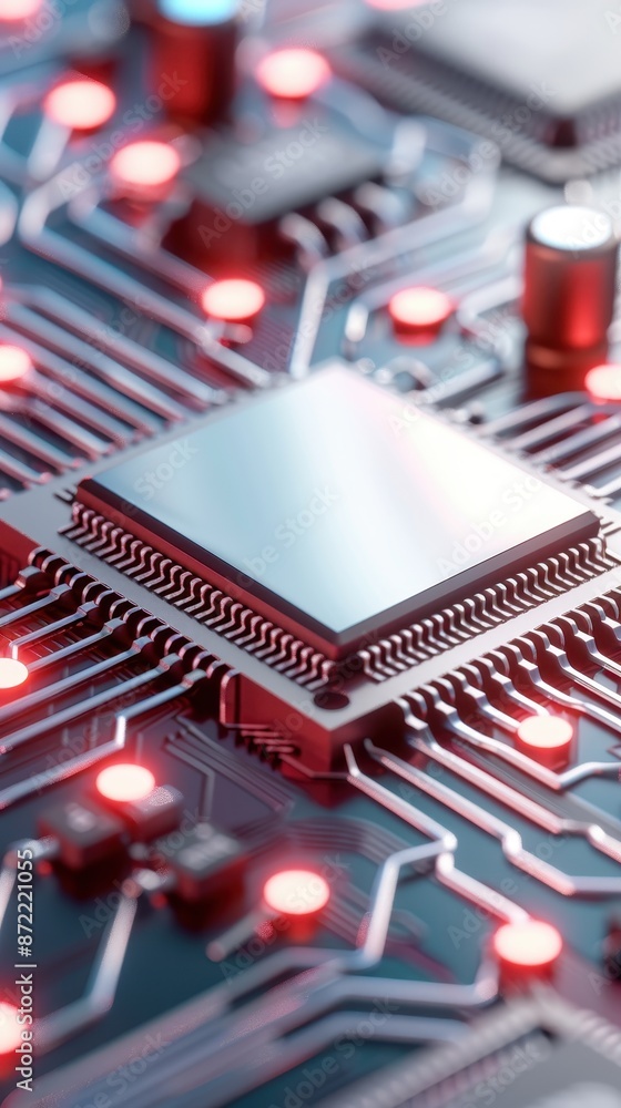 Poster a close up of a computer chip with red lights