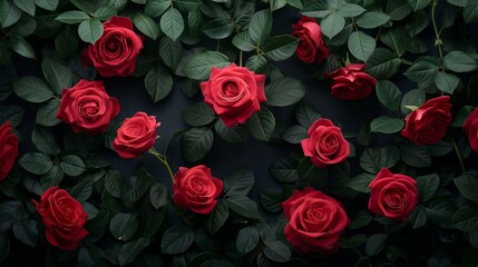 A luxurious display of vibrant red roses nestled among lush green leaves, creating a perfect contrast on a dark background.