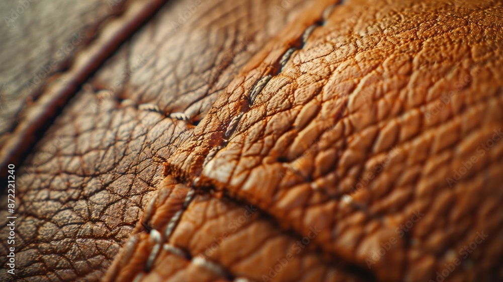 Poster a detailed view of a finger tab capturing the texture and stitching of the leather and the precise s