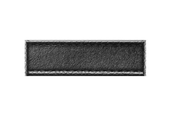 Black leather frame. Belt strap closeup isolated on white. Black stitched leather seam frame. Label...