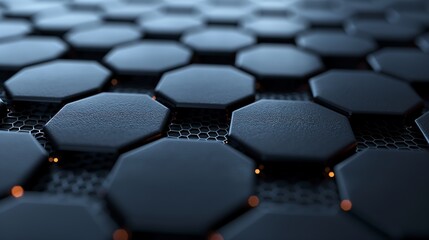 Fototapeta premium A futuristic hexagonal surface, detailed with metallic sheen and ambient lighting, evokes a sense of advanced technology.