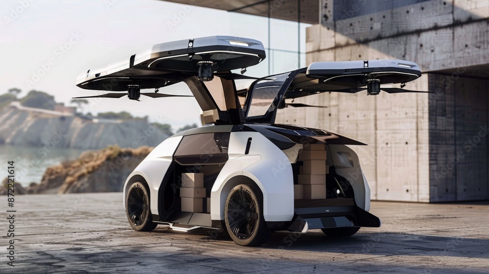 Poster a futuristic concept car with foldable drone wings, designed for package delivery, is parked on a co