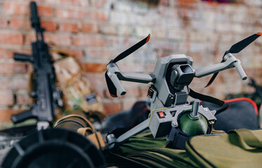 Kamikaze drone with bomb release mechanism to drop to enemy. Concept modern war with technology UAV robots