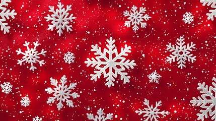 A festive red background adorned with white, intricate snowflakes, evoking a cheerful holiday spirit.