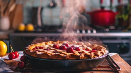 Cherry pie on baking sheet pan with steam in the kitchen. Traditional fresh homemade bakery
