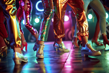 A group of people are dancing in a club with neon lights and colorful clothing, generative ai image.