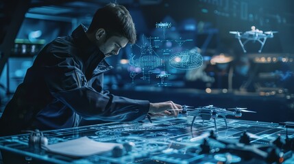 A high-tech concept showing a digital engineer working on a drone
