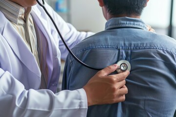 Close-up of doctor holding stethoscope to patient's back, patient sitting up, ambient clinic light, precise details, photo-realistic accuracy, medical examination
