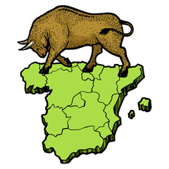 Spain map and bull color sketch engraving PNG illustration. National symbol. Scratch board style imitation. Black and white hand drawn image.