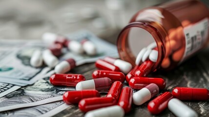 Corporate big pharma corruption and greed selling soul to the devil. Big pharmaceutical companies grip on the world Syringes and drugs with Dollar Bills Image of Medical Industry Corruption and deceit