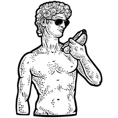 statue of david with hot dog sketch engraving PNG illustration. T-shirt apparel print design. Scratch board imitation. Black and white hand drawn image.