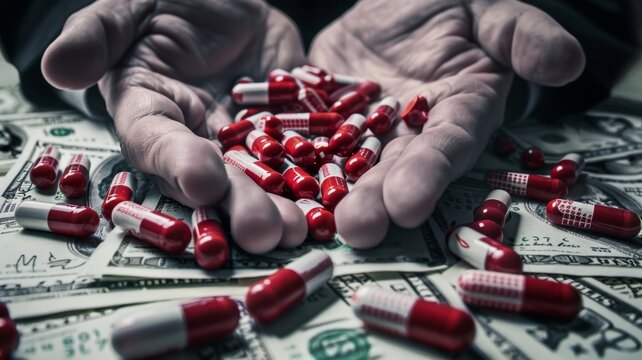 Corporate big pharma corruption and greed selling soul to the devil. Big pharmaceutical companies grip on the world Syringes and drugs with Dollar Bills Image of Medical Industry Corruption and deceit