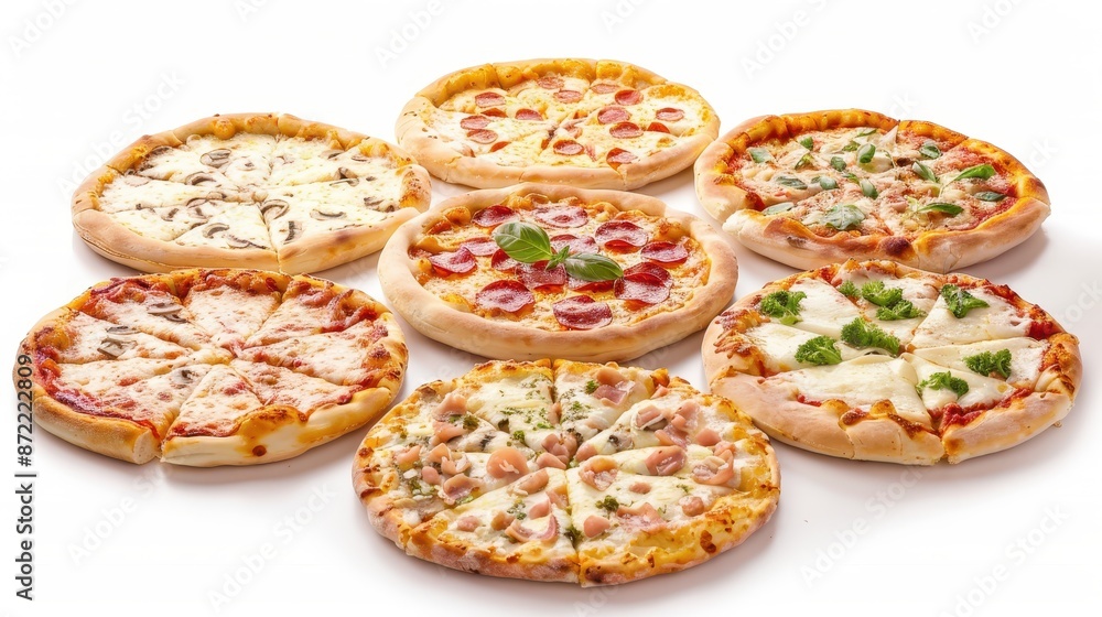 Poster a row of pizzas with different toppings