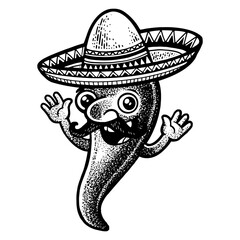 Cartoon mexican chilli pepper sketch engraving PNG illustration. T-shirt apparel print design. Scratch board imitation. Black and white hand drawn image.