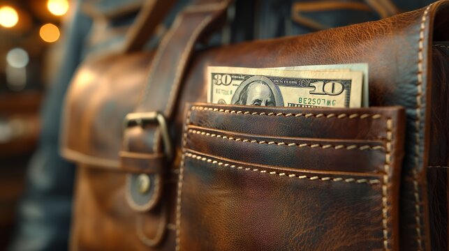 A crisp ten-dollar bill peeks out from the pocket of a luxurious leather briefcase, symbolizing financial success and sophistication.