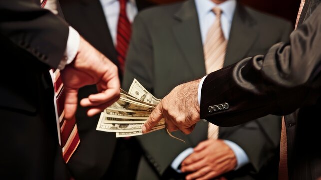Corporate business corruption and greed, concept on corruption in public institutions. Dollar Banknotes: Money, Wealth, and Opportunity. Bribery and underhand dealings