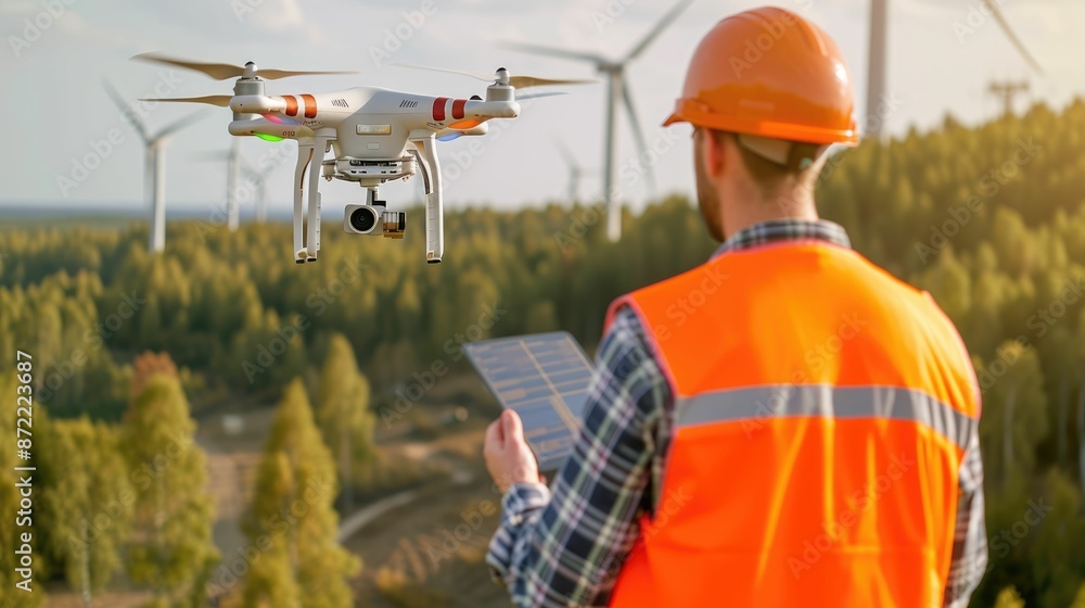 Poster skilled civil engineer with safety helmet exploring and inspecting area with wind mill by using dron