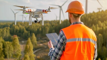 Skilled civil engineer with safety helmet exploring and inspecting area with wind mill by using drone. Engineer using innovation technology to control drone to survey landscape. Technology. AIG42.