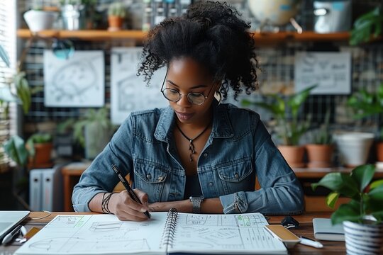 Woman Drawing in Notebook at Desk in Office - Powered by Adobe