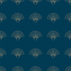 Seamless pattern with golden elements on deep blue background. Art deco style. Vector print. Vintage style.