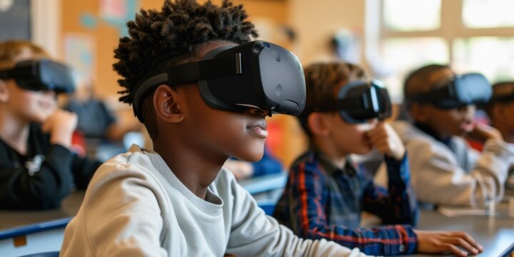 School children experiencing virtual reality in classroom setting for education and fun