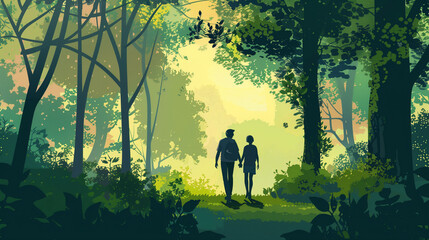 illustration, couple walking in the forest at morning. Healthy lifestyle concept. Outdoor activities. Couple in love walking hiking in nature. wilderness exploration.