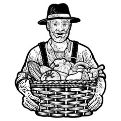 Farmer and basket of vegetables sketch engraving PNG illustration. T-shirt apparel print design. Scratch board imitation. Black and white hand drawn image.